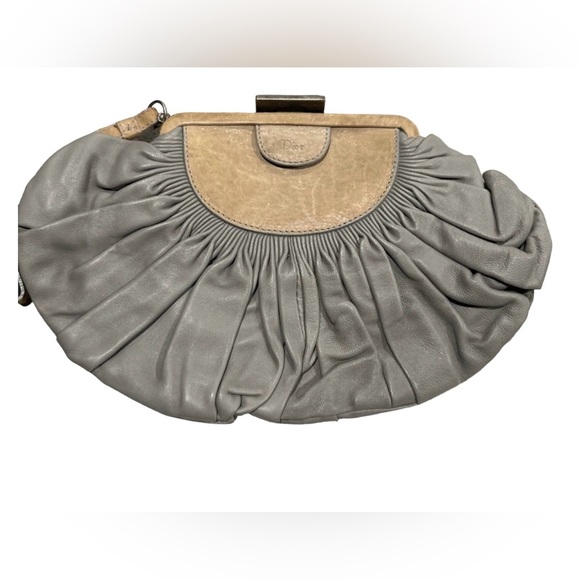 Christian Dior Gray Pleated Leather Frame Clutch - Picture 1 of 4